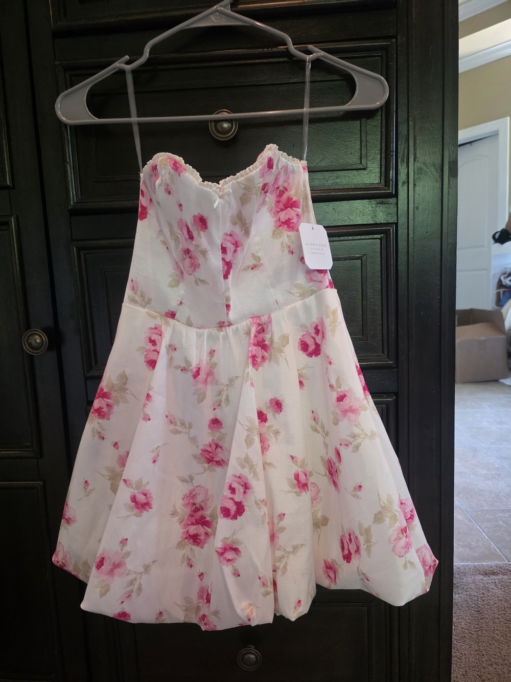 Altar'd State Ivory Bubble Hem Dress with Pink Rose Print